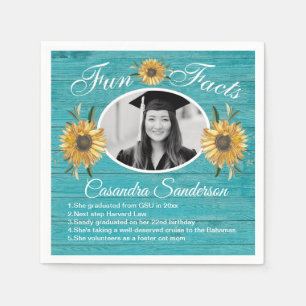 Graduation Party Fun Facts Sunflower Teal Wood Napkin