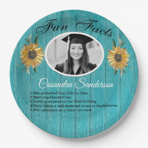 Graduation Party Fun Facts Sunflower Teal Wood  Paper Plate