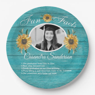 Graduation Party Fun Facts Sunflower Teal Wood Paper Plate