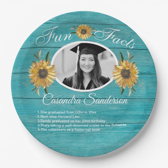 Graduation Party Fun Facts Sunflower Teal Wood Paper Plate (Front)