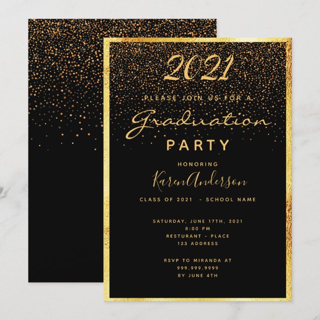 Graduation party glam black confetti gold invitation (Front/Back)
