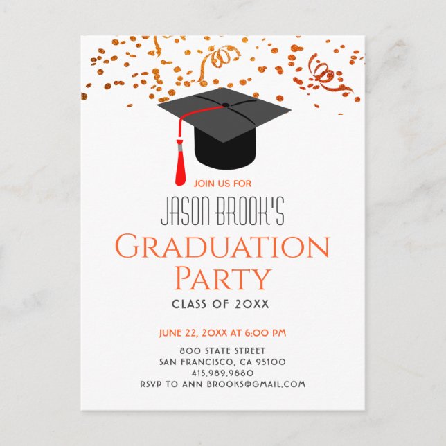 Graduation Party Glitter Confetti Grad Cap Invitation Postcard (Front)