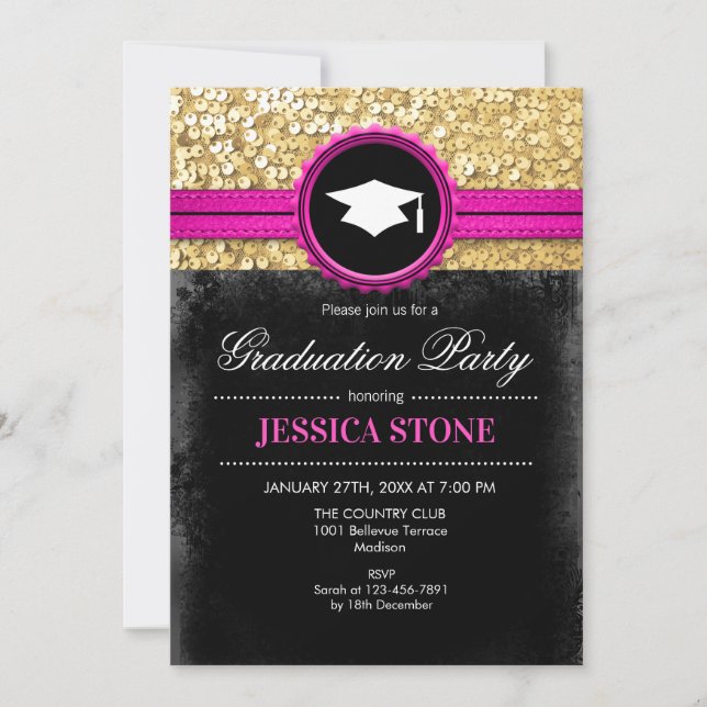 Graduation Party - Gold Black Pink Invitation (Front)