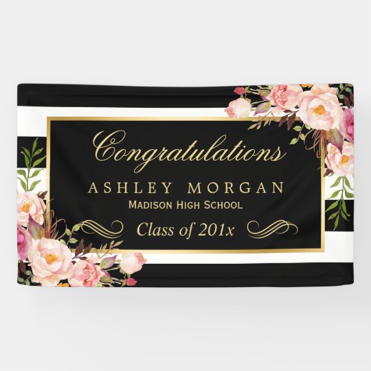 Graduation Party Gold Black White Floral Decor Banner