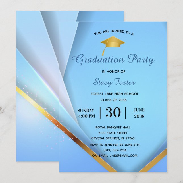 Graduation Party Gold on Blue Layers Formal Invitation (Front/Back)