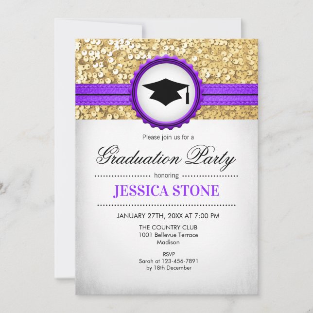 Graduation Party - Gold Purple White Invitation (Front)