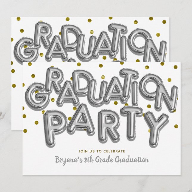 Graduation Party Gold Silver Balloons Celebration Invitation (Front/Back)