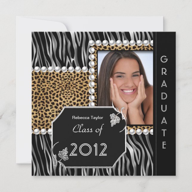 Graduation Party Grad Black White Leopard Zebra Invitation (Front)