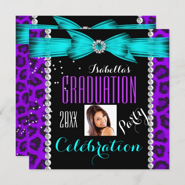 Graduation Party Grad Purple Teal Blue Leopard Invitation (Front/Back)