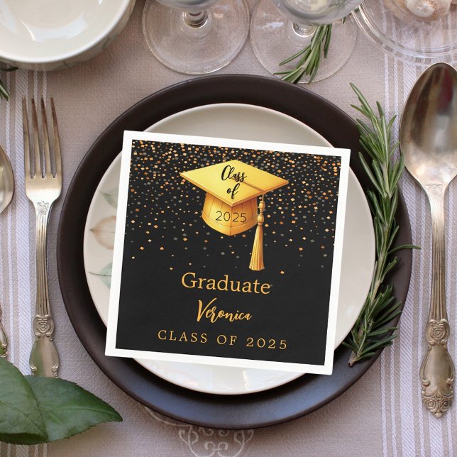 Graduation party graduate black gold cap 2025 napkin (Creator Uploaded)