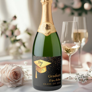 Graduation party graduate black gold cap 2025 sparkling wine label