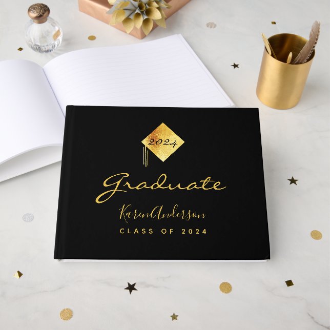 Graduation party graduate black gold cap guest book (Front Open)