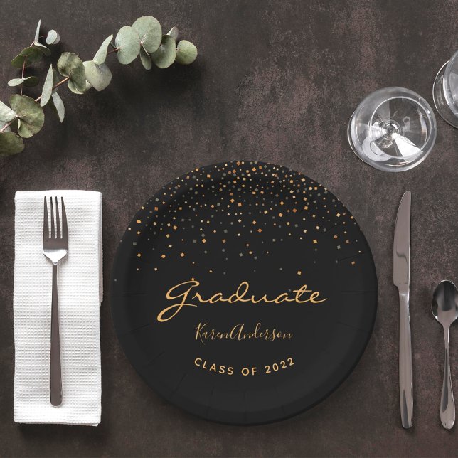 Graduation party graduate black gold paper plate (Creator Uploaded)