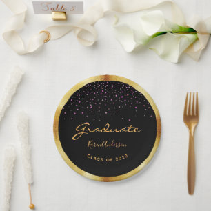 Graduation party graduate black gold purple paper plate