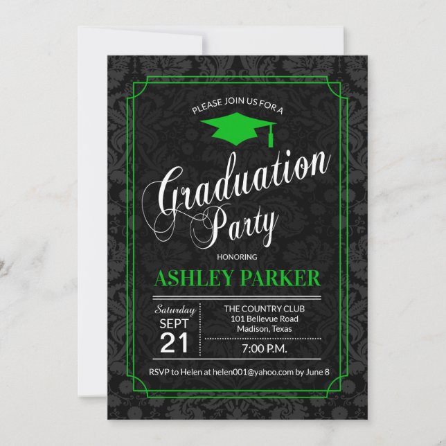 Graduation Party - Green Black White Damask Invitation (Front)