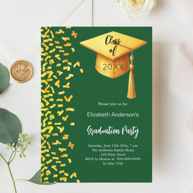 Graduation party green gold confetti invitation (Creator Uploaded)