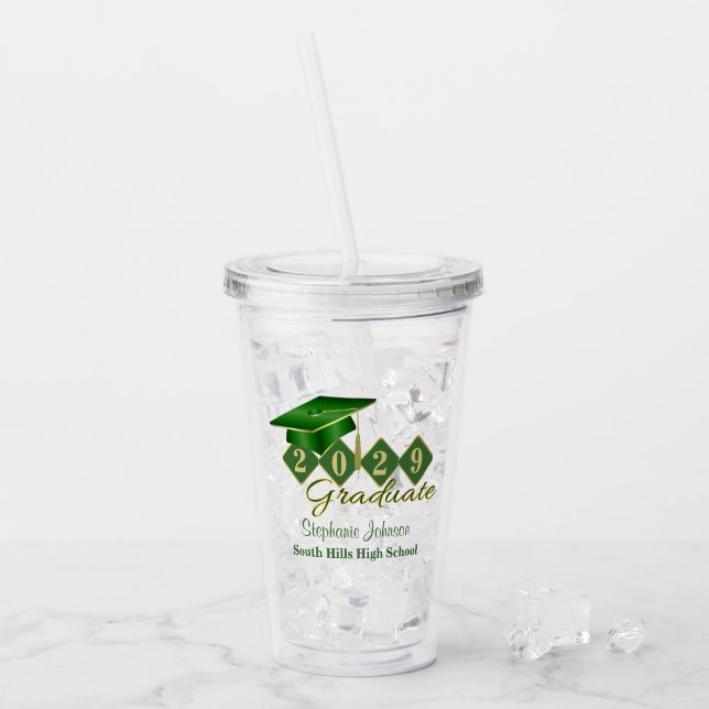 Graduation Party Green Gold Personalized Acrylic Tumbler (Front Ice)