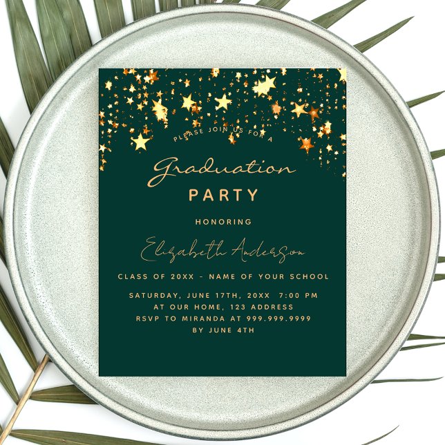 Graduation party green gold star budget invitation (Creator Uploaded)