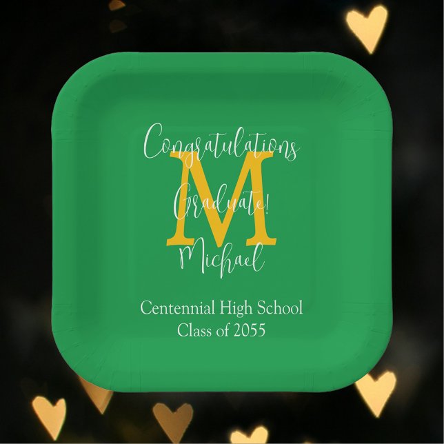 Graduation Party Green Gold White Name Monogram Paper Plate (Creator Uploaded)