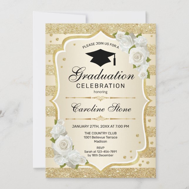 Graduation Party Invitation - Gold White (Front)