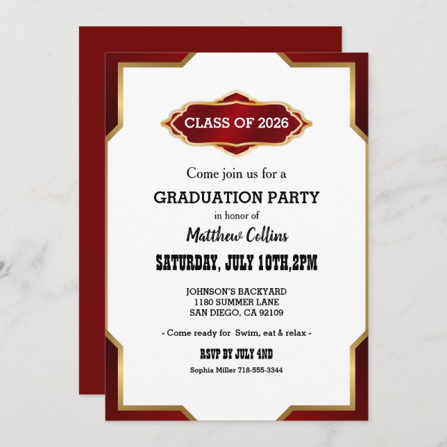 Graduation Party Invitation Red Retro Inspired  (Devant / Derrière)