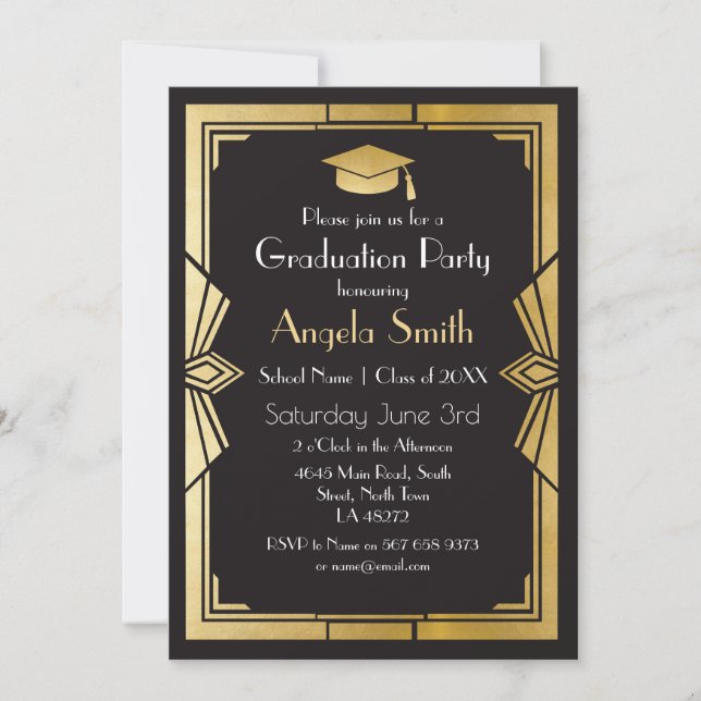 Graduation Party Invite Art Deco Gatsby Gold 1920s (Front)