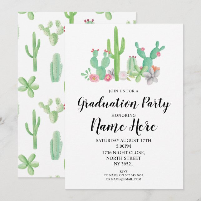 Graduation Party Invite Cactus Watercolor Print (Front/Back)
