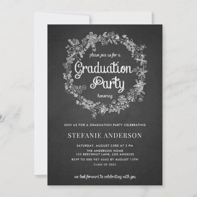 Graduation Party Invite-  Floral Wreath Chalkboard Invitation (Front)