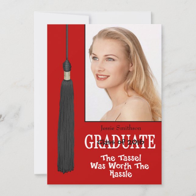 Graduation Party Invite-Red Tassle Worth Hassle Invitation (Front)