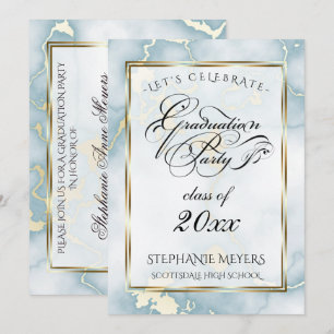 Graduation Party Light Blue & Gold  Marble Invitation