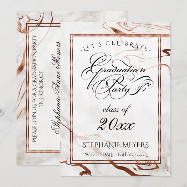Graduation Party Marbleized Copper Typography Invitation (Front/Back)
