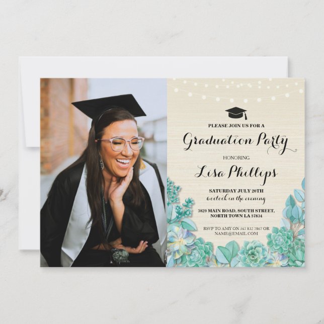 Graduation Party Mint Succulents Floral Photo Invitation (Front)