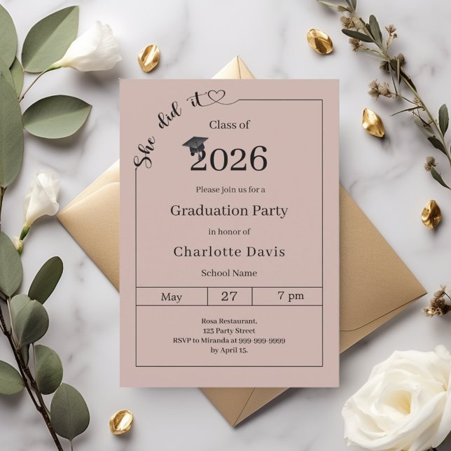 Graduation party mocha beige She did it Invitation (Creator Uploaded)