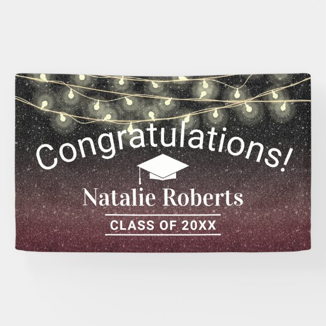 Graduation Party Modern Burgundy Red Black Glitter Banner (Horizontal)