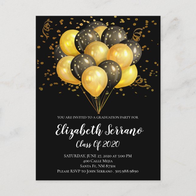 Graduation Party Modern Gold And Black Balloons Invitation Postcard (Front)