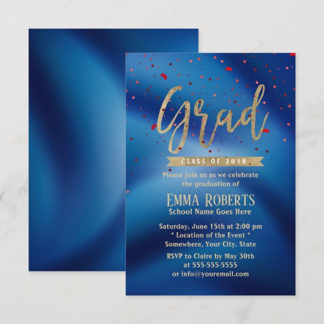 Graduation Party Modern Gold Script Navy Blue Invitation (Front/Back)