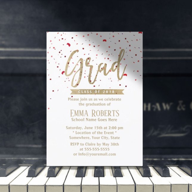 Graduation Party Modern Gold Script Red Confetti Invitation (Creator Uploaded)