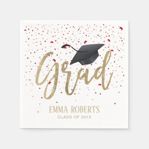 Graduation Party Modern Gold Script Red Confetti Napkin