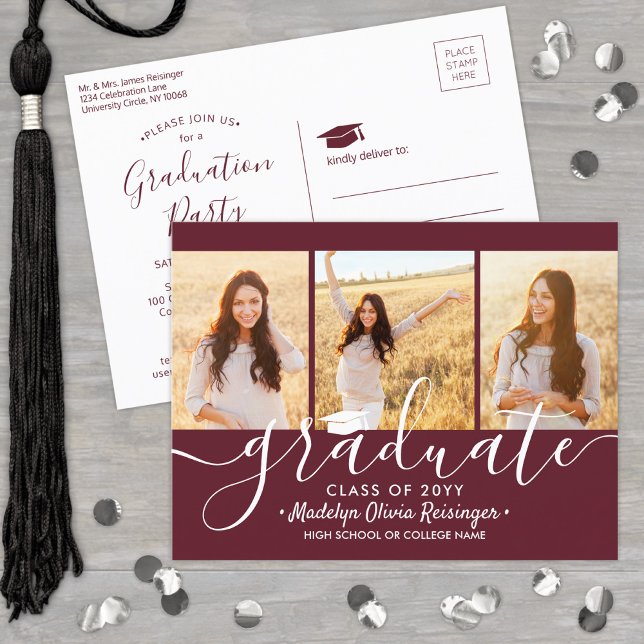 Graduation Party Modern Maroon and White 3 Photo Invitation Postcard (Creator Uploaded)