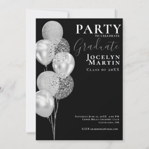 Graduation Party Modern Minimal Black Silver Photo Invitation