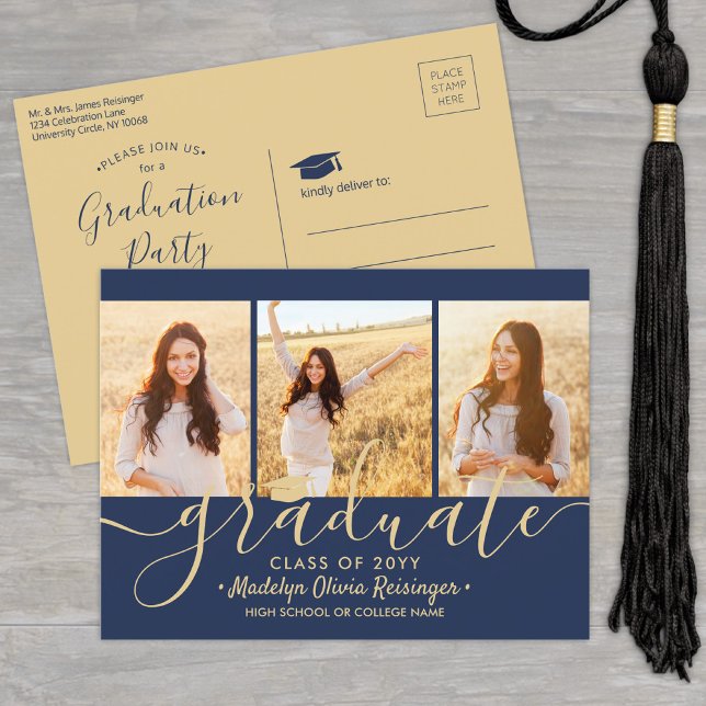 Graduation Party Modern Navy Blue and Gold 3 Photo Invitation Postcard (Creator Uploaded)