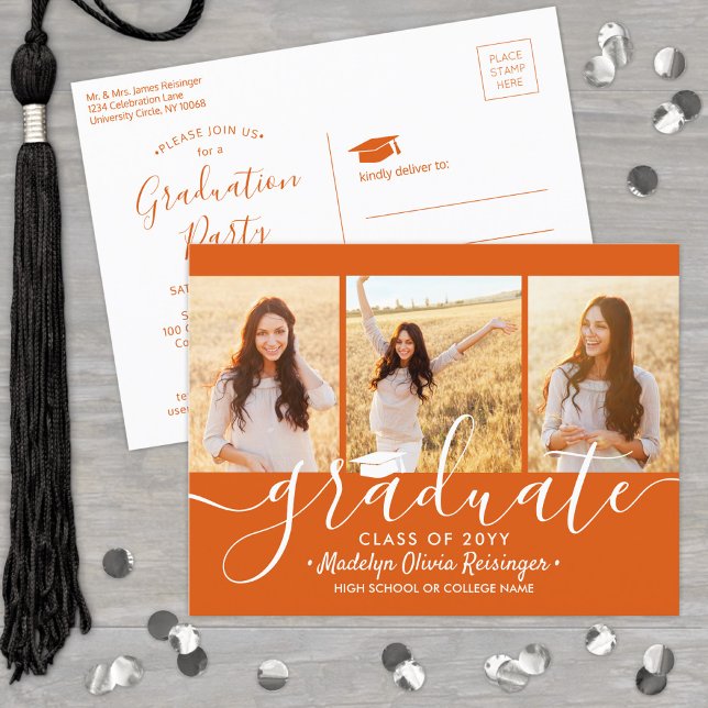Graduation Party Modern Orange and White 3 Photo Invitation Postcard (Creator Uploaded)
