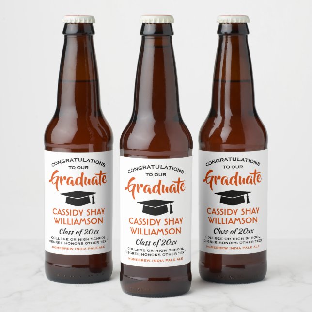 Graduation Party Modern Orange White and Black Beer Bottle Label (Bottles)