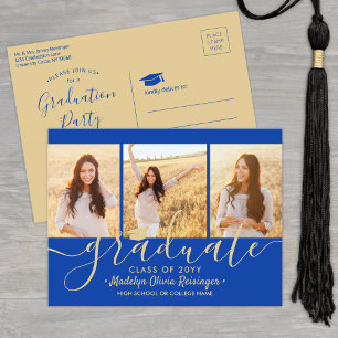 Graduation Party Modern Royal Blue & Gold 3 Photo Invitation Postcard