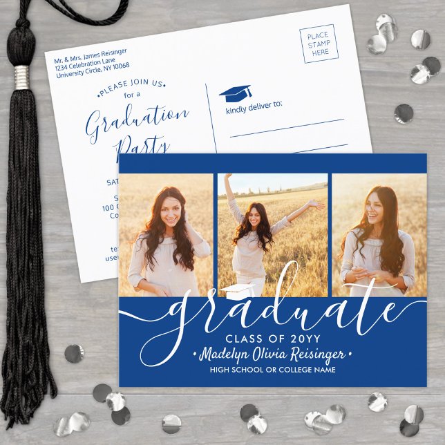 Graduation Party Modern Royal Blue & White 3 Photo Invitation Postcard (Creator Uploaded)