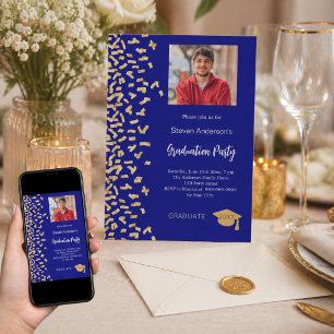 Graduation party navy blue gold confetti photo invitation