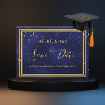 Graduation party navy blue gold save the date<br><div class="desc">A Save the Date card for a Graduation Party party for a guy, man, male. A navy blue background decorated with golden confetti and a faux gold frame. The blue color is uneven. Personalize and add a date and name. Golden colored letters. The text: Save the Date is written with...</div>