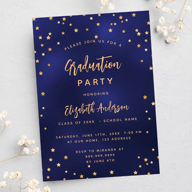 Graduation party navy blue gold stars invitation postcard (Creator Uploaded)