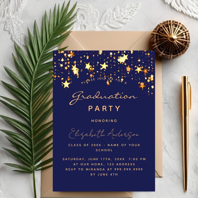 Graduation party navy blue gold stars  invitation postcard (Creator Uploaded)
