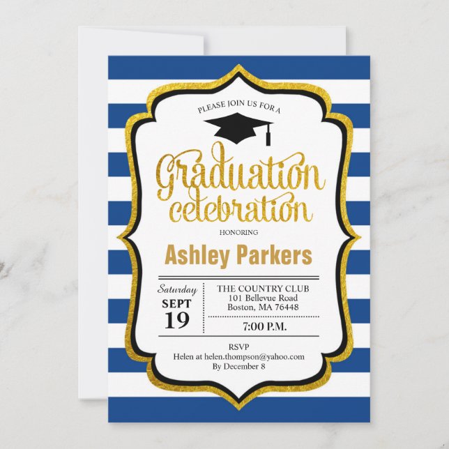 Graduation Party - Navy Blue Gold White Invitation (Front)